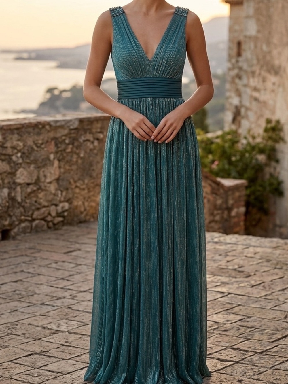 BCBGMaxAzria Teal Metallic V-Neck Sleeveless Maxi Dress (Size 12, Measures Med)
